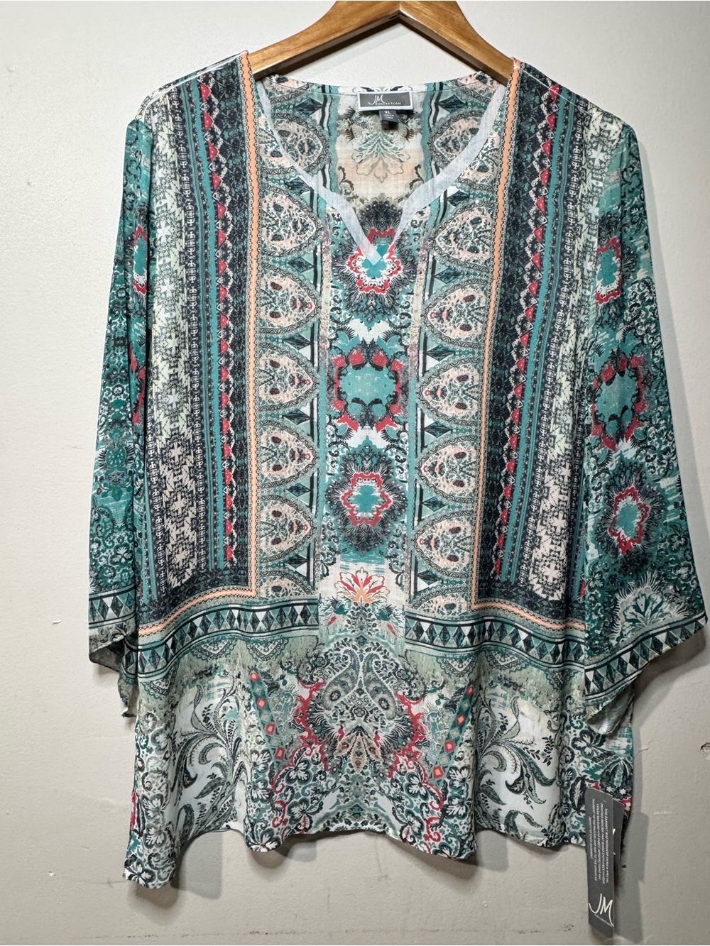 JM Collection Teal Multi-Pattern Open Front Kimono - Picture 2 of 12